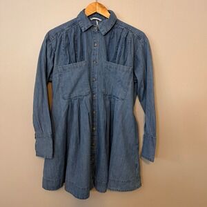 Free People Denim Long-Sleeve Button-Front Tunic Dress - Blue